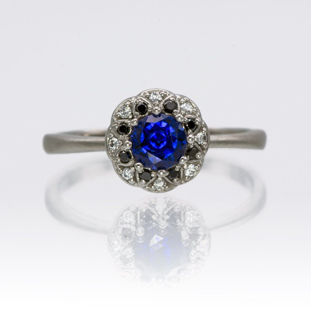 Chatham Blue Sapphire, Black & White Diamond Halo Palladium Engagement Ring, size 4 to 9 Ring Ready To Ship by Nodeform
