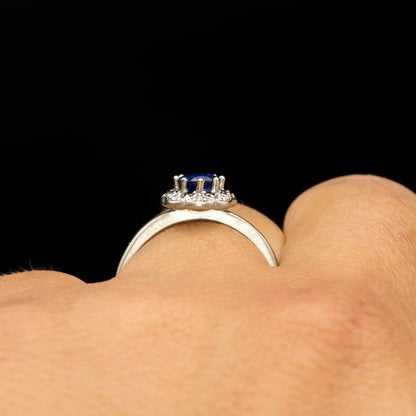 Chatham Blue Sapphire, Black & White Diamond Halo Palladium Engagement Ring, size 4 to 9 Ring Ready To Ship by Nodeform
