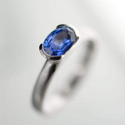 Chatham Lab Created Oval Blue Sapphire Half Bezel Solitaire Engagement Ring - by Nodeform