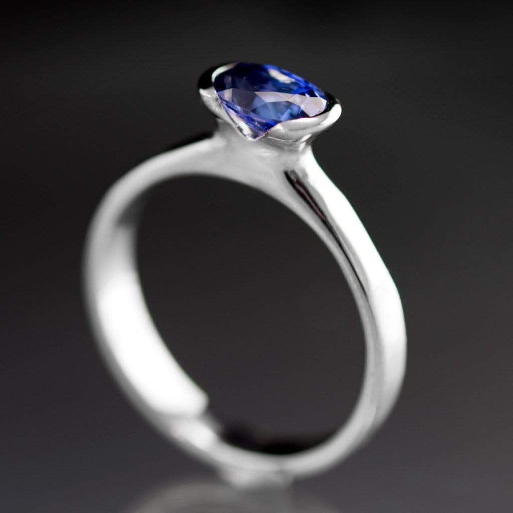 Chatham Lab Created Oval Blue Sapphire Half Bezel Solitaire Engagement Ring Ring by Nodeform