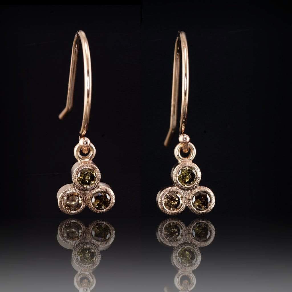 Congnac Diamond Textured Trio Bezel Dangle Earrings 14k Yellow Gold / 2mm/0.03ct Cognac Diamonds Earrings by Nodeform
