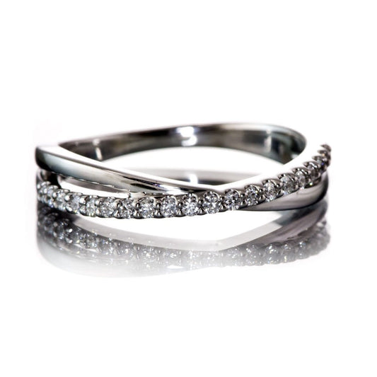 Criss Cross Band - Contoured Wedding Ring with Diamonds, Moissanites, Rubies or Sapphires All White Diamonds SI2-3, G-H / 14k Nickel White Gold (Rhodium Plated) Ring by Nodeform