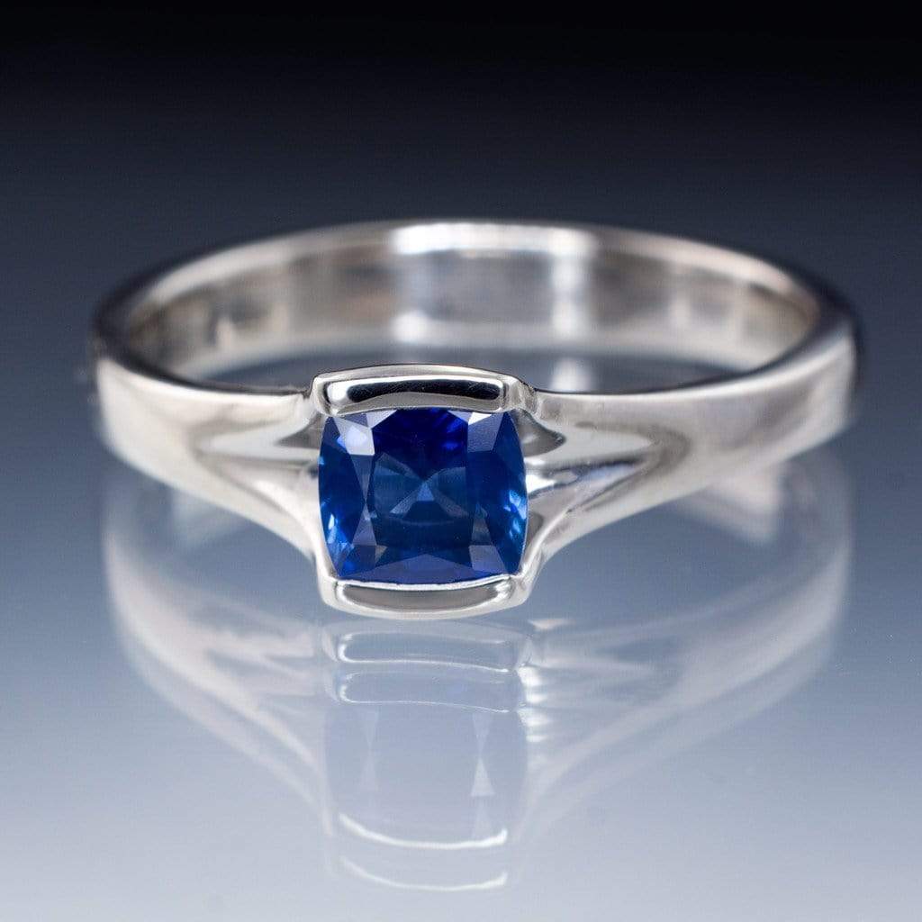 Cushion Cut Chatham Blue Sapphire Fold Solitaire Engagement Ring Ring by Nodeform