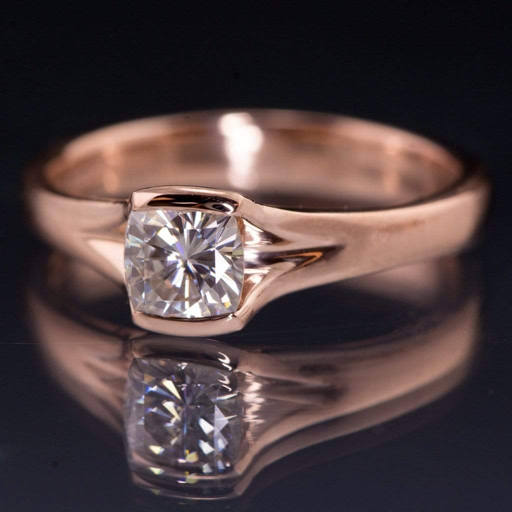 Cushion Cut Moissanite Fold Semi-Bezel Rose Gold Solitaire Engagement Ring Ring by Nodeform