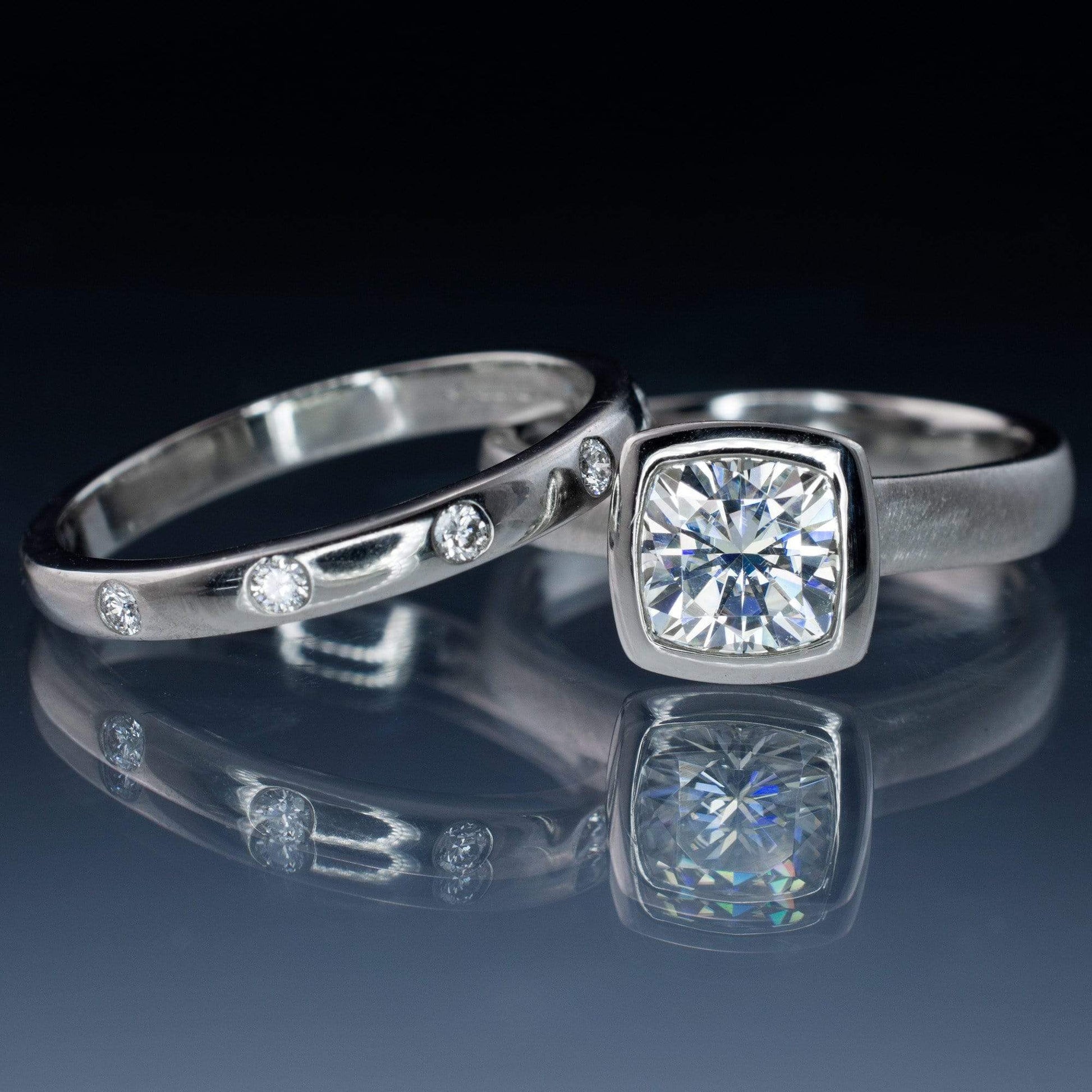 Bridal Set Cushion Moissanite Ring Bezel Engagement and Wedding Ring Ring by Nodeform