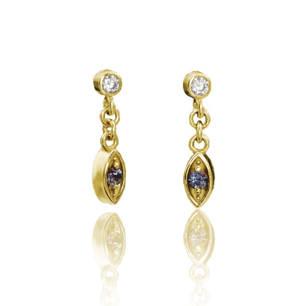 Moissanite & Alexandrite Marquise Shape Gold Dangle Earrings 14k Yellow Gold Earrings by Nodeform