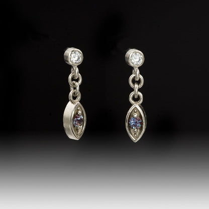 Moissanite & Alexandrite Marquise Shape Gold Dangle Earrings 14k White Gold Earrings by Nodeform