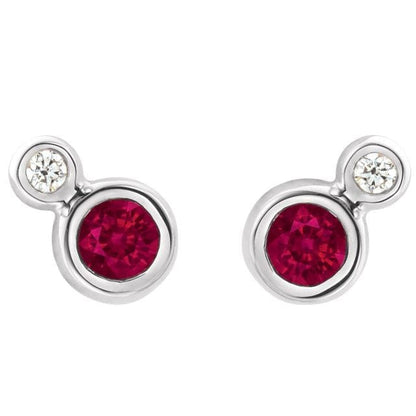 Ruby and Diamond Cluster Bezel Set Stud Earrings 3mm Genuine AA Grade Faceted Ruby / 14k White Gold Earrings by Nodeform