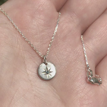 Tiny Round Sterling Silver Pendant Necklace with Star Set Pastel Blue-green Montana Sapphire, Ready to Ship