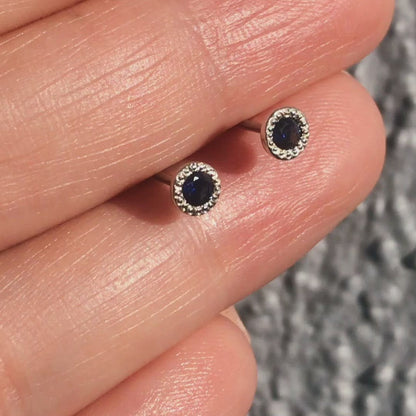 3mm Blue Sapphire Milgrain Textured Sterling Silver Martini Stud Earrings, Ready to Ship