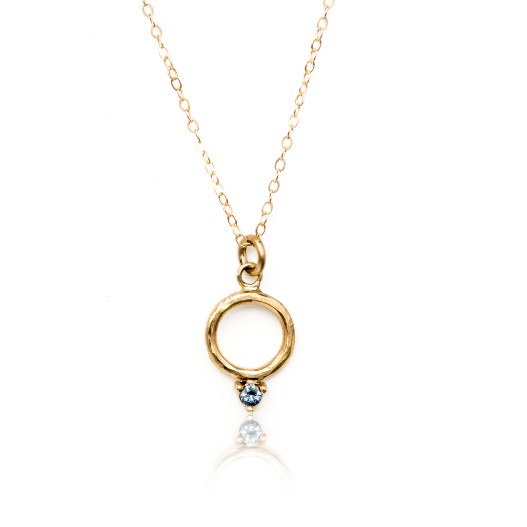Gold circle pendant necklace with prong set Montana Sapphire Lobster Clasp Gold Chain Necklace / Pendant by Nodeform