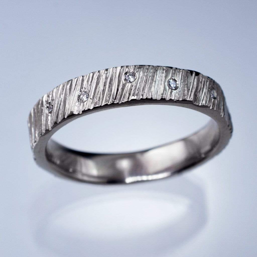 Saw Cut Texture Wedding Band With Diamond Accents Ring by Nodeform