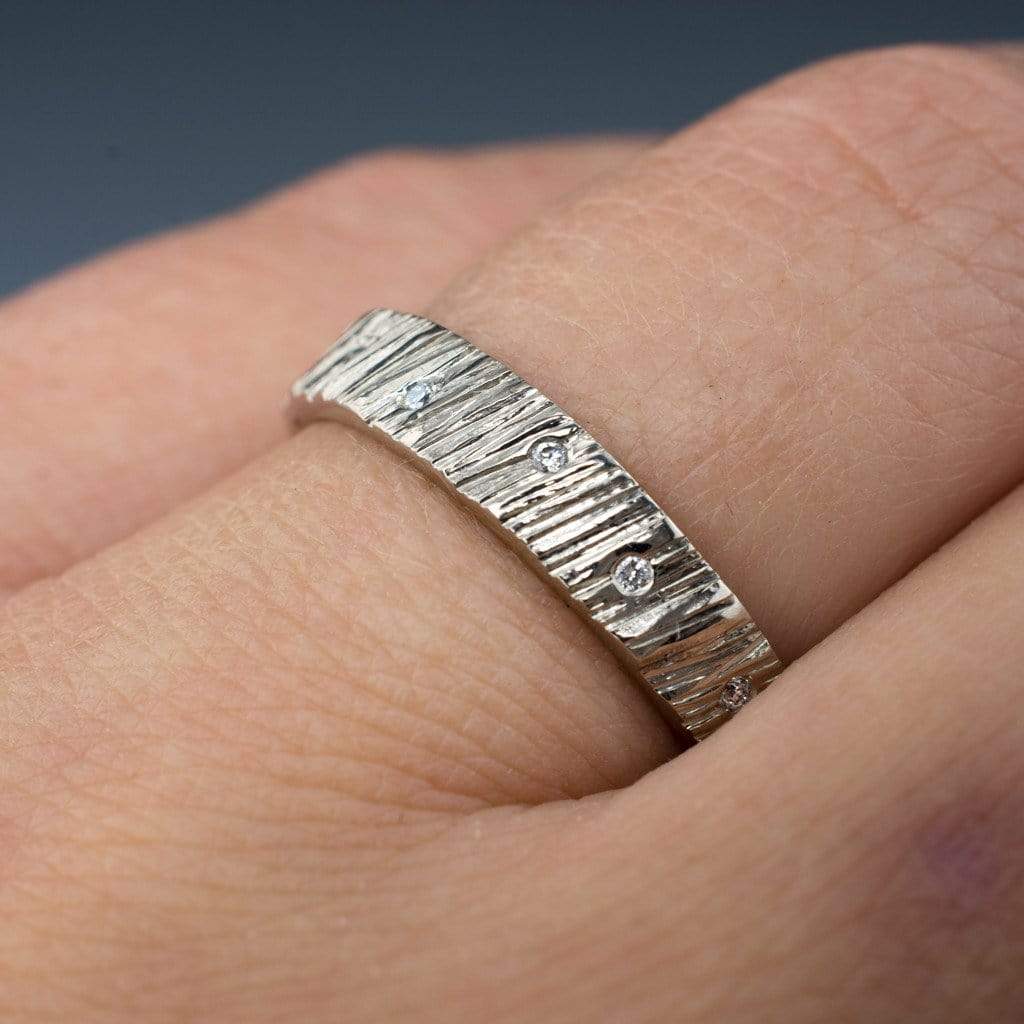 Saw Cut Texture Wedding Band With Diamond Accents Ring by Nodeform