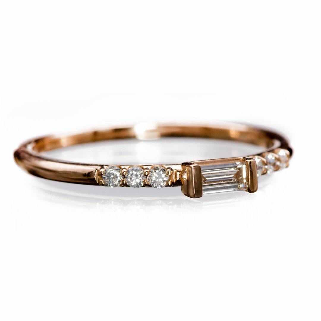 Baguette Diamond or Moissanite Accented Stacking Promise Ring 14k Rose Gold / Genuine Diamonds Ring by Nodeform