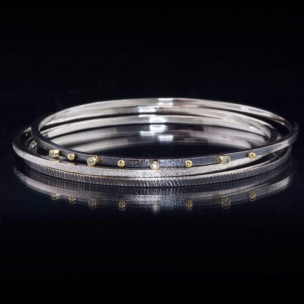 Textured Silver Bracelet Set with White Diamonds and 18k Gold Accents Bracelet by Nodeform