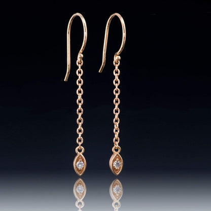 Diamond & Rose Gold Marquise Shape Long Dangle Earrings, ready to ship 14k Rose Gold Earrings by Nodeform