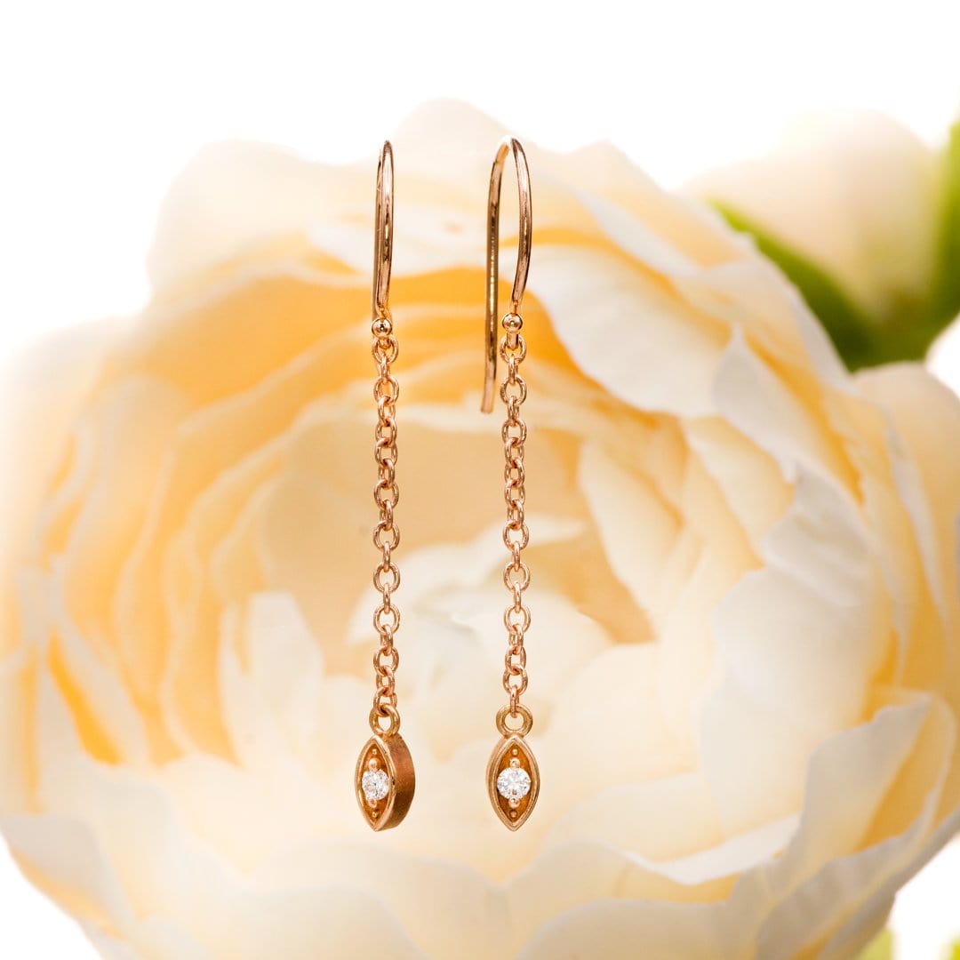 Diamond & Rose Gold Marquise Shape Long Dangle Earrings, ready to ship 14k Rose Gold Earrings by Nodeform