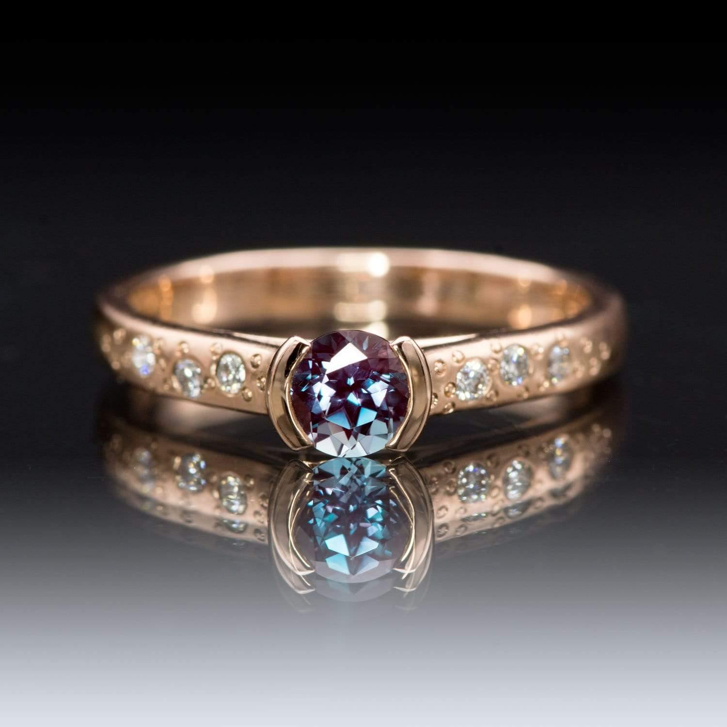 Alexandrite Half Bezel Diamond Star Dust Engagement Ring 5mm/~0.64ct Alexandrite / 14k Rose Gold Ring by Nodeform