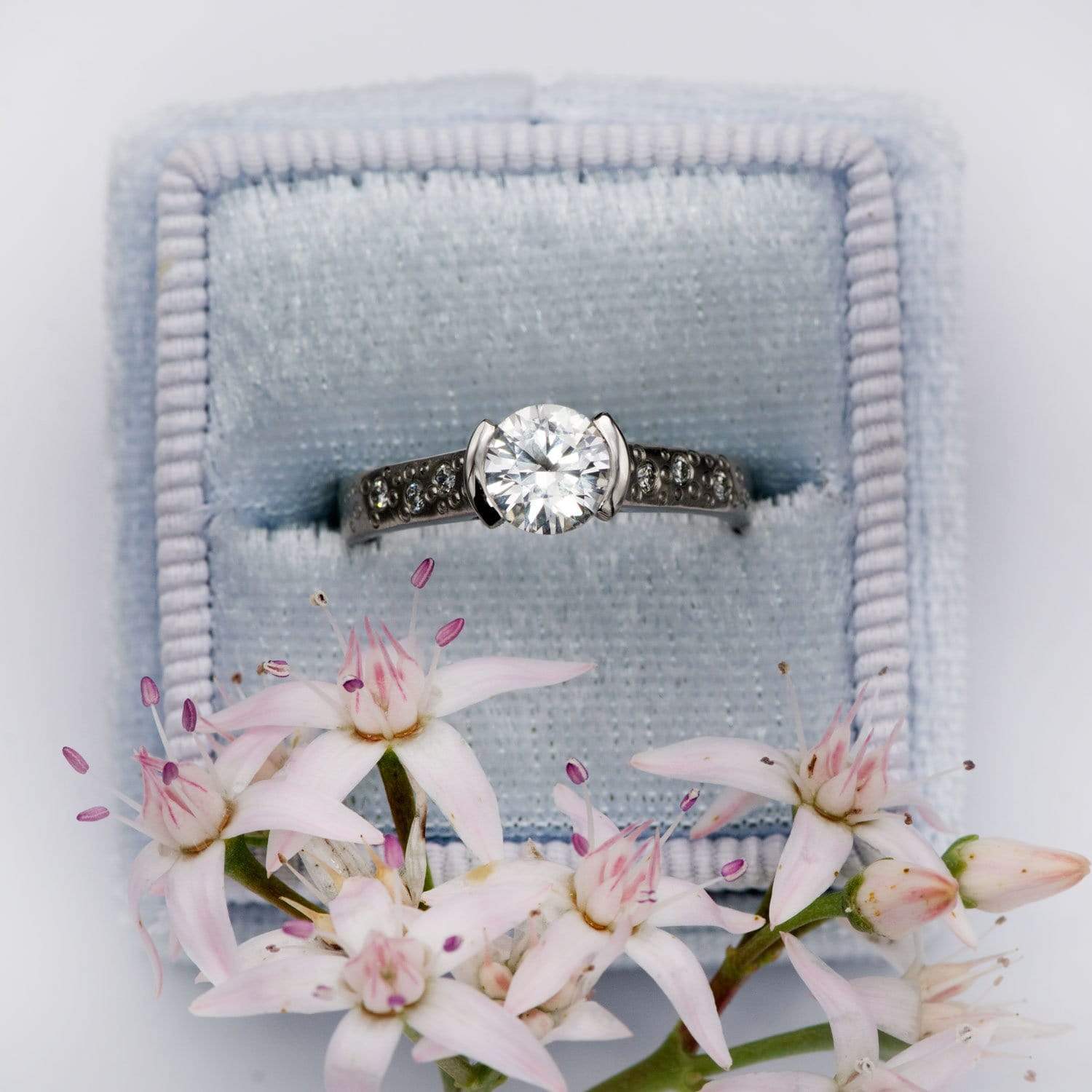 White Sapphire Half Bezel Diamond or Sapphire Star Dust Engagement Ring Ring by Nodeform