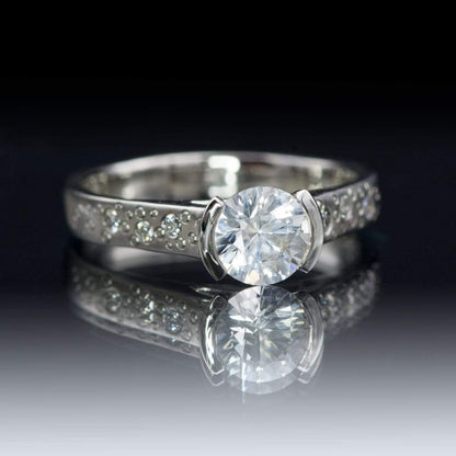 White Sapphire Half Bezel Diamond or Sapphire Star Dust Engagement Ring 6mm/1.1ct Sapphire / 18kPD White Gold / White Diamond Accents Ring by Nodeform