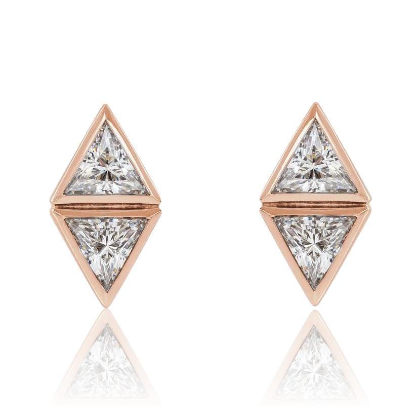 Geometric Triangle Diamond Bezel Set 2-Stone Stud Earrings 14k Rose Gold Earrings by Nodeform