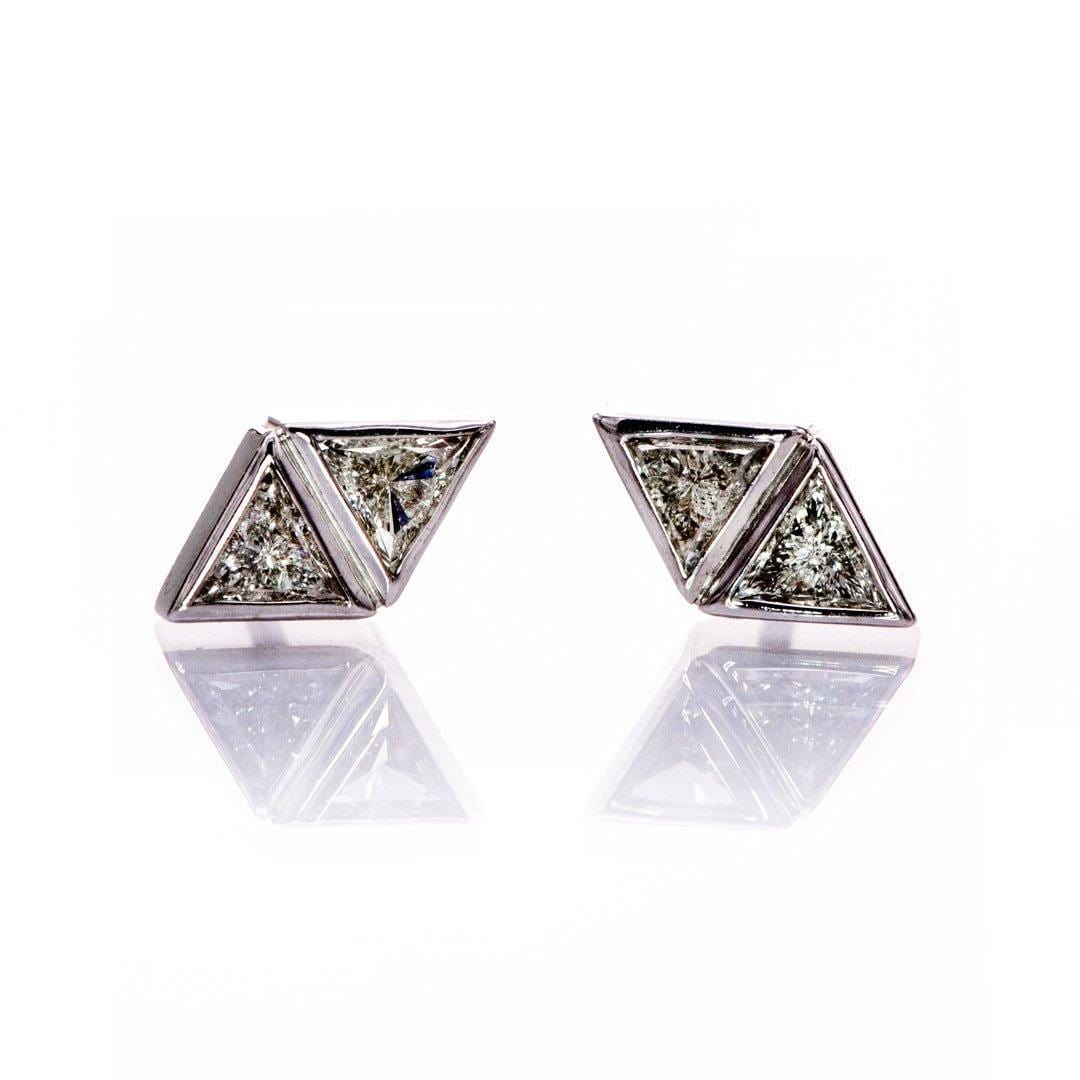 Geometric Triangle Diamond Bezel Set 2-Stone Stud Earrings 14k White Gold Earrings by Nodeform