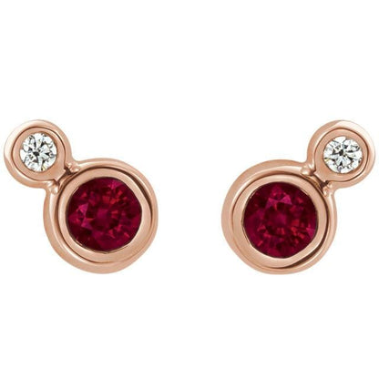Ruby and Diamond Cluster Bezel Set Stud Earrings 3mm Genuine AA Grade Faceted Ruby / 14k Rose Gold Earrings by Nodeform