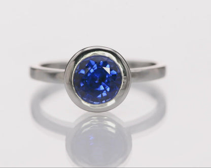 Minimal Round Chatham Blue Sapphire Wide Bezel Solitaire Engagement Ring