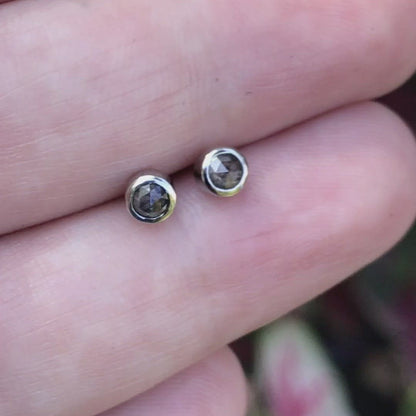 3mm Salt & Pepper Rose Cut Diamond Simple Bezel Set Gold Stud Earrings