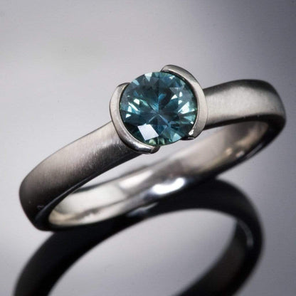 Fair Trade Green/ Blue Montana Sapphire Half Bezel Solitaire Engagement Ring 5mm Teal Blue/Green Sapphire: C or D / Platinum Ring by Nodeform