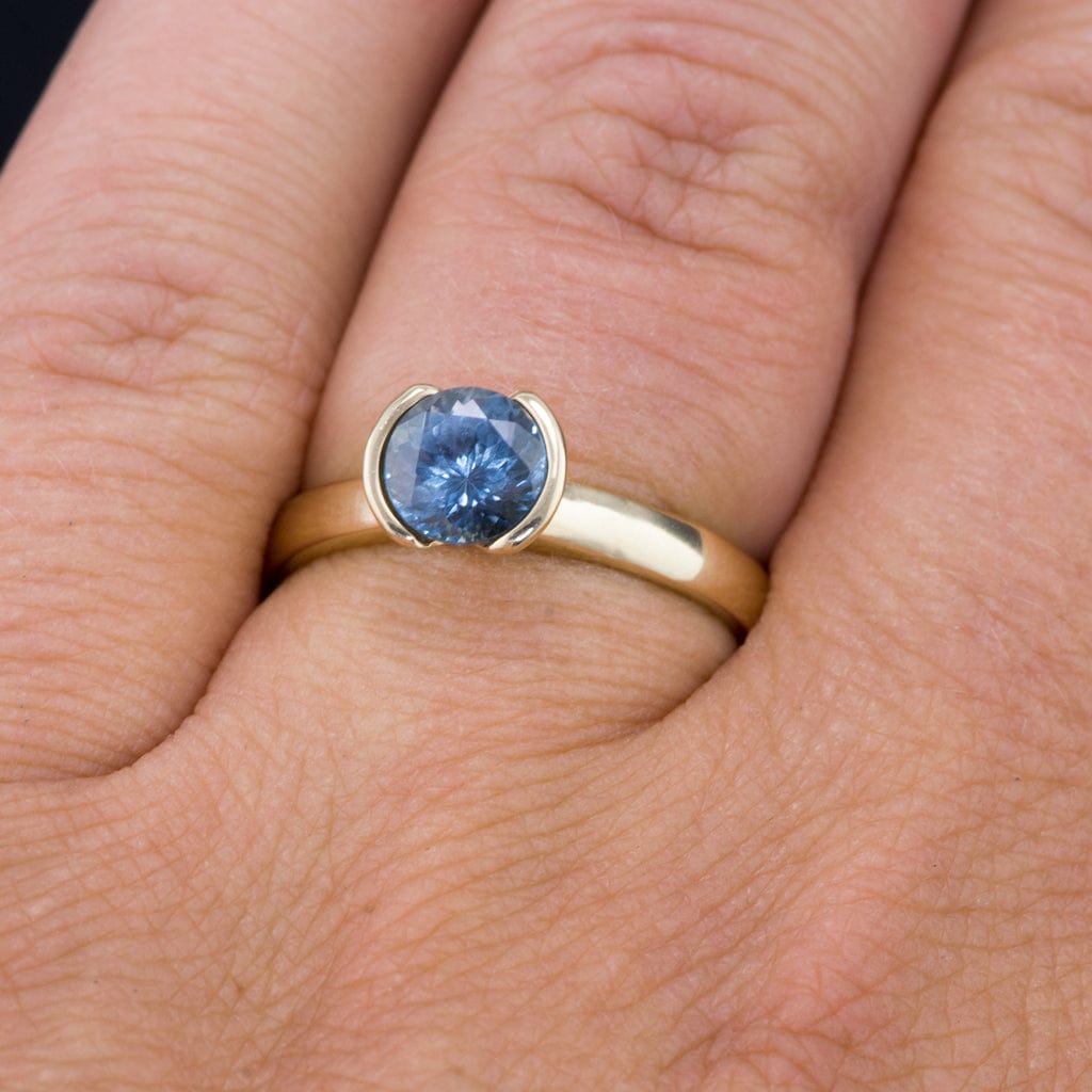 Round Fair Trade Blue/Teal Blue Malawi Sapphire Half Bezel Solitaire Engagement Ring Ring by Nodeform