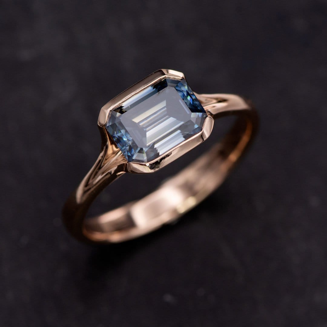 Emerald Cut Blue Moissanite Fold 14k Rose Gold Solitaire Engagement Ring, size 4 to 9 Emerald cut Fold Ring Ring Ready To Ship by Nodeform