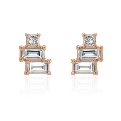 Geometric Art Deco Inspired Baguette and Princess Diamond Cluster Stud Earrings 14k Rose Gold Earrings by Nodeform