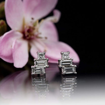 Geometric Art Deco Inspired Baguette and Princess Diamond Cluster Stud Earrings Earrings by Nodeform