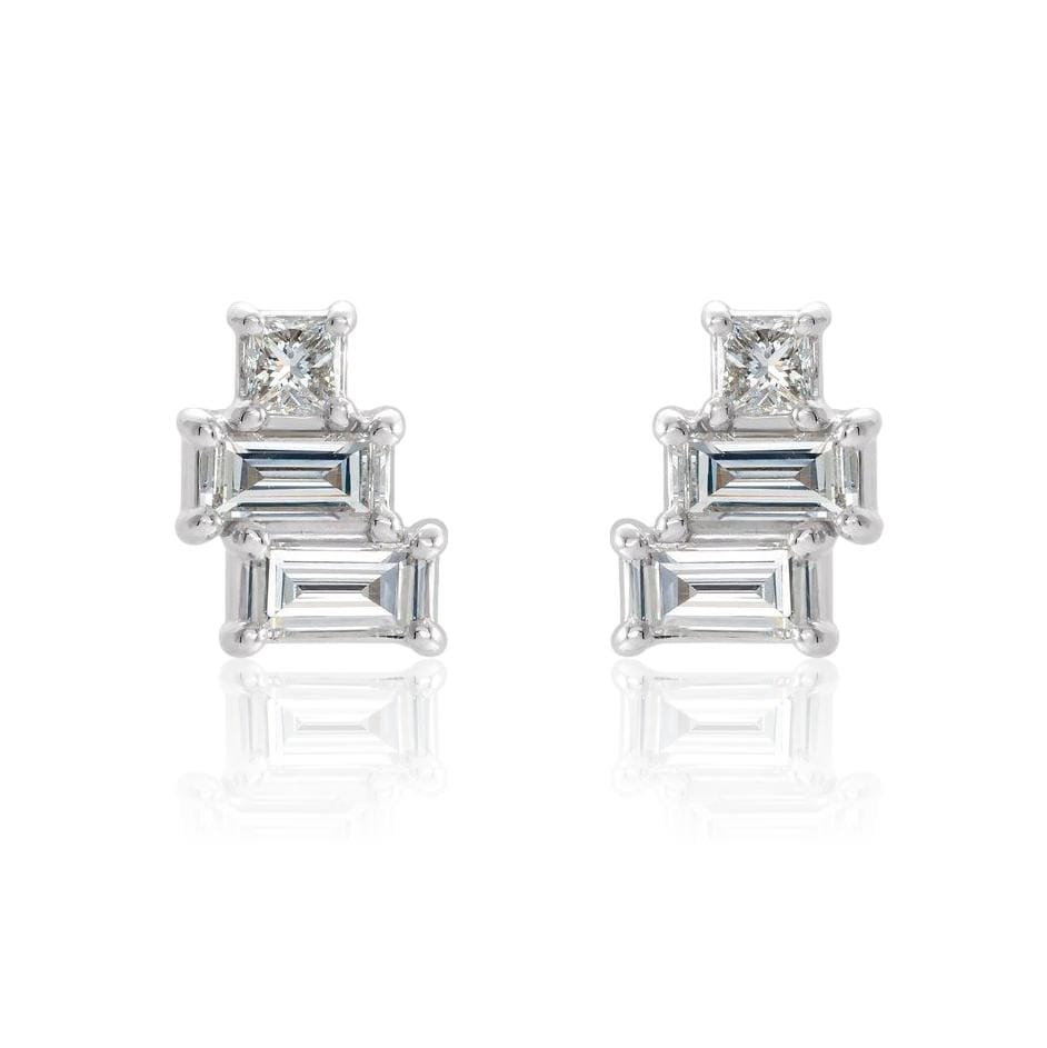 Geometric Art Deco Inspired Baguette and Princess Diamond Cluster Stud Earrings 14k White Gold Earrings by Nodeform