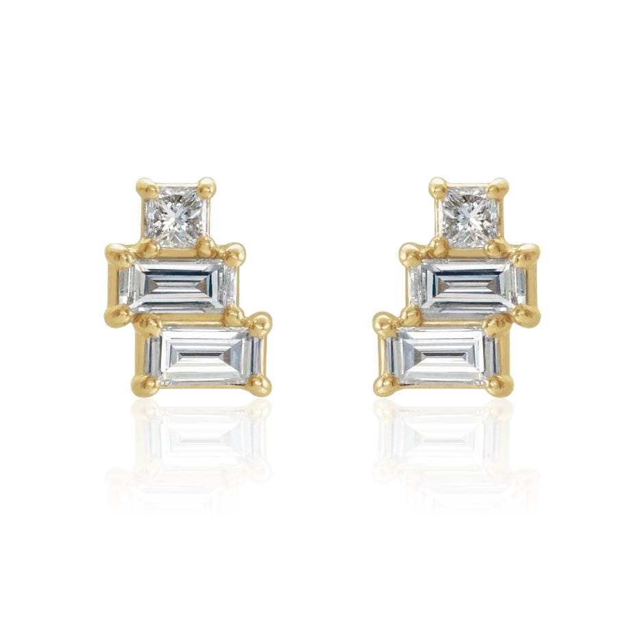 Geometric Art Deco Inspired Baguette and Princess Diamond Cluster Stud Earrings 14k Yellow Gold Earrings by Nodeform