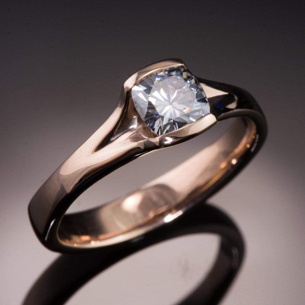 Gray Cushion Cut Moissanite Fold Semi-Bezel Set Solitaire Engagement Ring #3 Light Gray 7mm Moissanite / 14k Rose Gold Ring by Nodeform