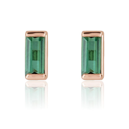 Green Tourmaline Channel-set Baguette Gold or Platinum Stud Earrings 14k Rose Gold Earrings by Nodeform