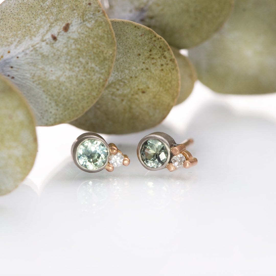 Fair Trade Green-blue Montana Sapphire Mixed Metal Bezel Stud Earrings with Moissanite Accents 14k White Gold / Light Green Montana Sapphires Earrings by Nodeform