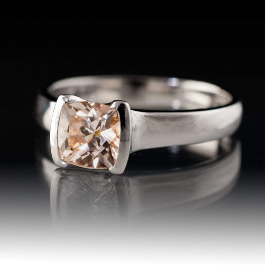 Cushion Cut Pink Morganite Half Bezel Solitaire Engagement Ring Square 5mm/~0.5ct / 14kPD White Gold Ring by Nodeform