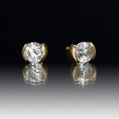 White Sapphire 14k Gold Half Bezel Stud Earrings 14k Yellow Gold / 4mm White Sapphire Earrings by Nodeform