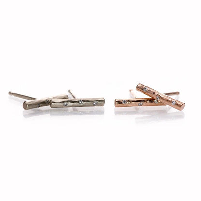 Short Hammered Bar Studs Earrings with Flush set diamonds Earrings by Nodeform