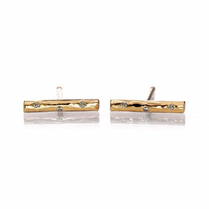 Short Hammered Bar Studs Earrings with Flush set diamonds 14k Yellow Gold Earrings by Nodeform