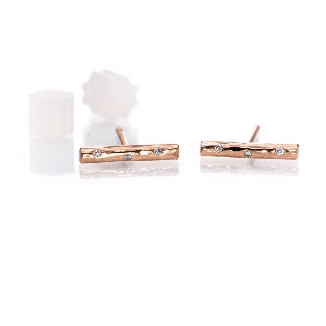 Short Hammered Bar Studs Earrings with Flush set diamonds Earrings by Nodeform