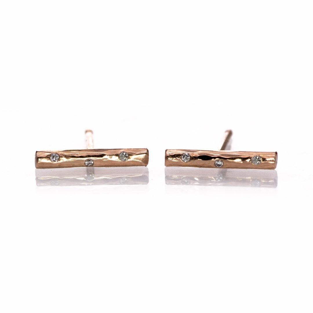 Short Hammered Bar Studs Earrings with Flush set diamonds 14k Rose Gold Earrings by Nodeform