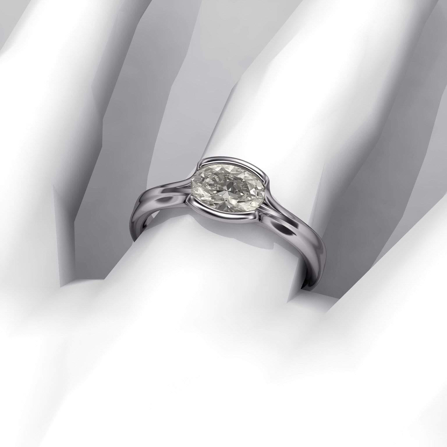 Oval Moissanite Solitaire Ring Fold Half Bezel Engagement Ring Ring by Nodeform