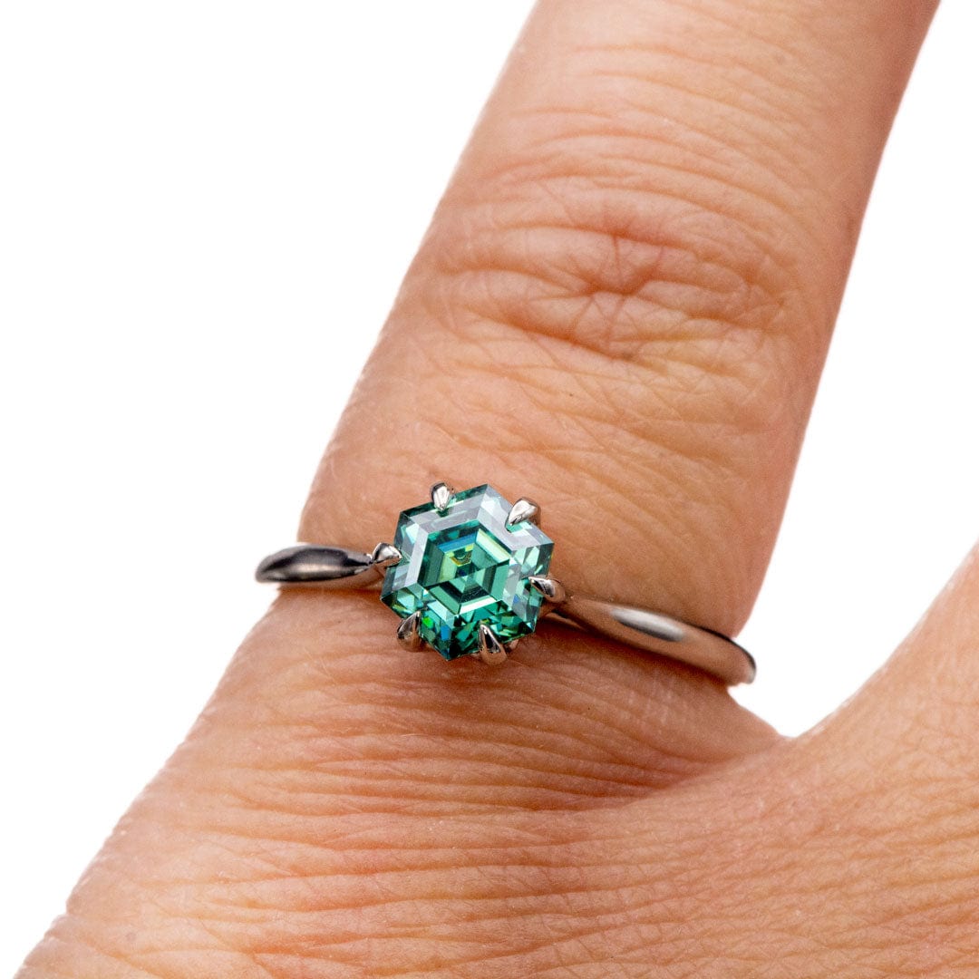 Dahlia Solitaire - Hexagon Green Moissanite 6-Prong Solitaire Engagement Ring Ring Ready To Ship by Nodeform