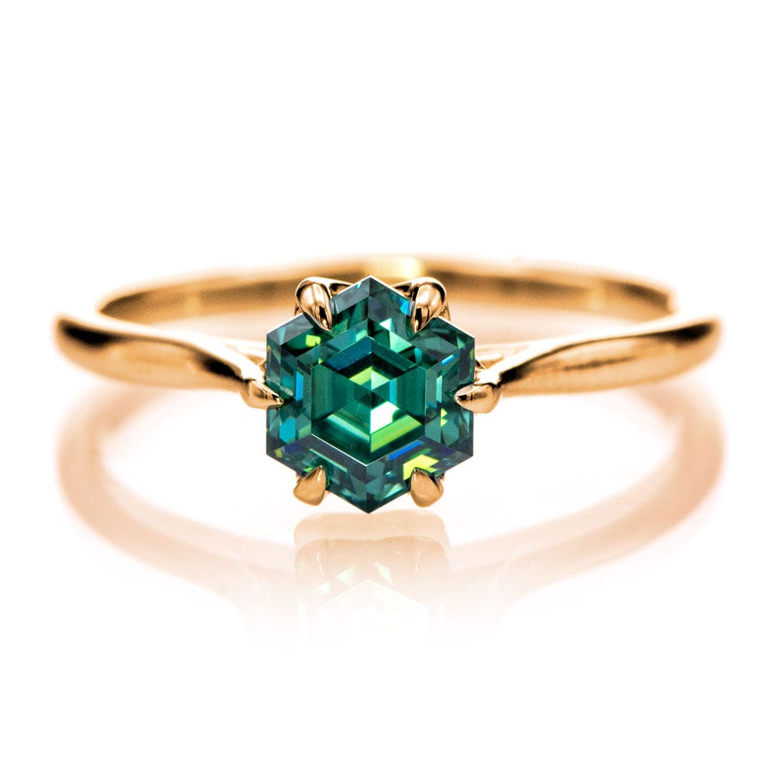 Dahlia Solitaire - Hexagon Green Moissanite 6-Prong Solitaire Engagement Ring 14k Rose Gold Ring by Nodeform