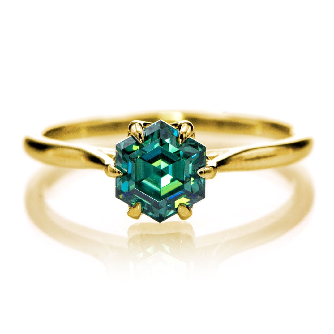 Dahlia Solitaire - Hexagon Green Moissanite 6-Prong Solitaire Engagement Ring 14k Yellow Gold Ring by Nodeform