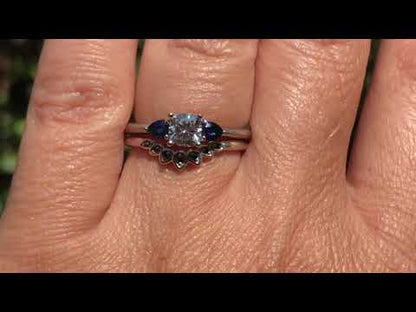 Tressa- Three Stone Engagement Ring, Prong set Cushion Moissanite & Pear Blue Sapphire Accents
